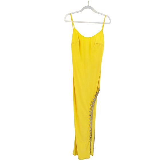 Mac Duggal 42002 Yellow Scoop Neck Beaded Slit Prom Dress Size 4 - Picture 3 of 7